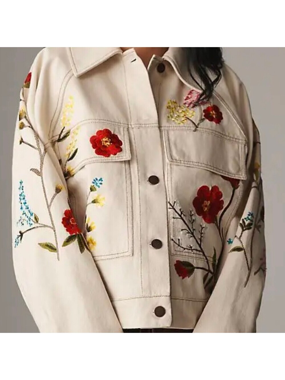 Anthropologie Floral Embroidered Denim Jacket Ivory Medium Boho Whimsical Garden